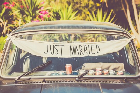 A nostalgic image of an old-fashioned car decorated with a 'Just Married' banner and cans