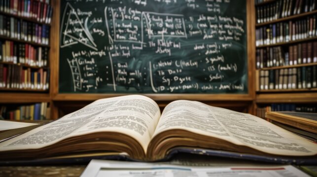 Spooky open textbooks surrounded by mathematical formulas in atmospheric background