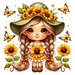 Sunflower Gnome Girl Watercolor Clipart PNG illustration