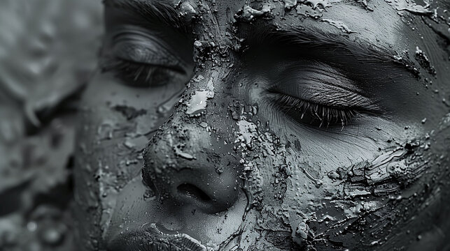 Close-up of a person with a face covered in mud mask, highlighting texture and skincare concept.