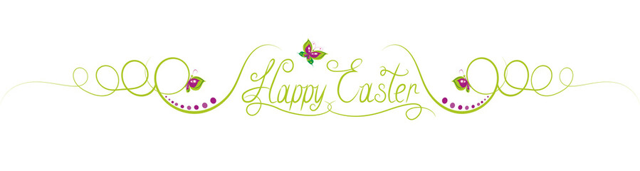 Happy Easter lettering text and flowers isolated on white background.