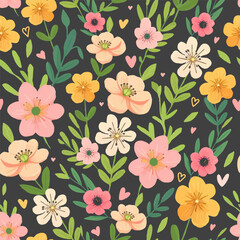 Seamless Pattern of Spring flowers on black background. Vector illustration. 