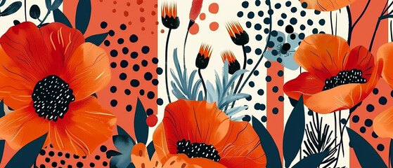 Collage contemporary orange floral and polka dot shapes Modern exotic design for pape - obrazy, fototapety, plakaty
