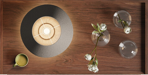 Top view of wooden bedside table with lamp shade
