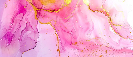 Abstract Pink Ink Floor. Floor Marble Watercolor. Gold Water Color.