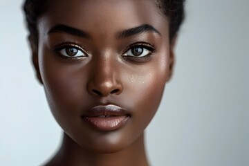 African Woman's Radiant Beauty Enhanced by Artful Makeup Application - obrazy, fototapety, plakaty