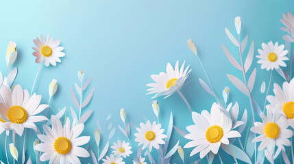 Fototapeta na wymiar 3D Paper Craft Chamomile Flowers on Blue Background Wallpaper. Copy Space for Happy Mother's Day, Women's Day, Wedding, Anniversary, Banner, or Poster