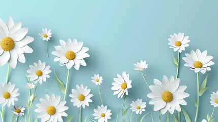 Fototapeta premium 3D Paper Craft Chamomile Flowers on Blue Background Wallpaper. Copy Space for Happy Mother's Day, Women's Day, Wedding, Anniversary, Banner, or Poster