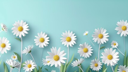 3D Paper Craft Chamomile Flowers on Blue Background Wallpaper. Copy Space for Happy Mother's Day, Women's Day, Wedding, Anniversary, Banner, or Poster