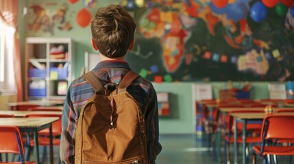 Obraz premium Schoolboy with backpack standing in classroom, rear view of student ready for learning and education, back to school concept