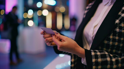 Close-up of a businesswoman's hands holding a card at a professional event with bokeh lights.