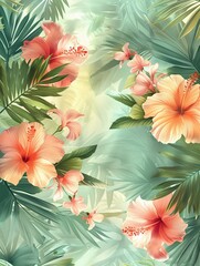 Seamless pattern of pastel tropical flora, soft focus, ethereal ambiance