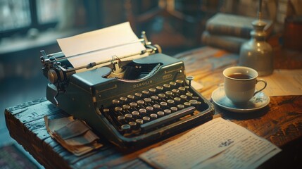 A vintage typewriter on an old wooden desk, with a blank sheet of paper and a cup of coffee beside it. The scene is lit by a soft, warm light, suggesting creativity and inspiration.