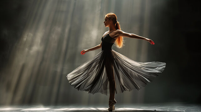 Silhouette of a graceful ballerina dancing on stage with dramatic lighting and flowing dress.