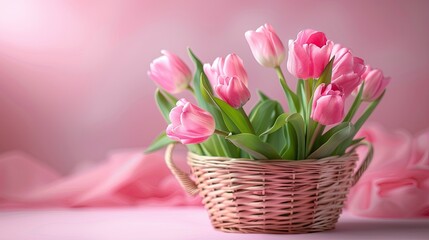 Bouquet of Pink Tulip Flowers in a Woven Wicker Basket on a Table with a Blurred Bokeh Background with Copy Space