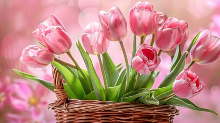 Bouquet of Pink Tulip Flowers in a Woven Wicker Basket on a Table with a Blurred Bokeh Background with Copy Space