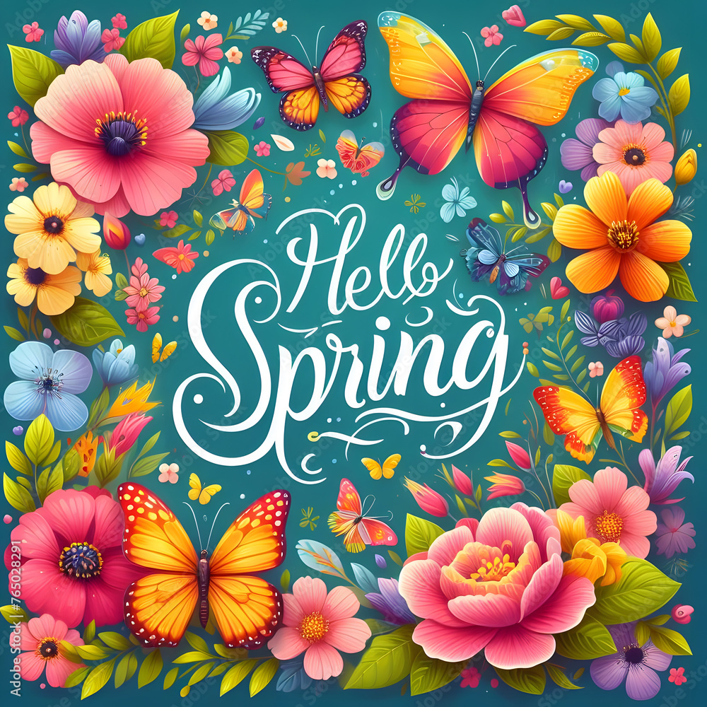 Aufkleber hello spring welcome spring floral background generative by ai