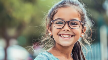 A young girl wearing glasses is smiling and looking at the camera