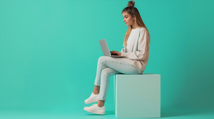 Full length portrait of a young woman sitting on a cube and using laptop on turquoise color background professional photography.