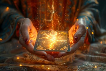 Tarot card with lightning symbol, wizards hands, closeup, dim light, warm hues
