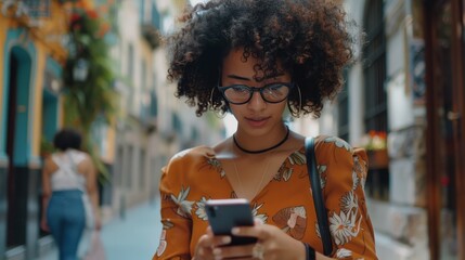 A woman with curly hair is looking at her cell phone while walking down a street - 765028650