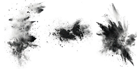 Black charcoal dust, gunpowder, with effect fragments explosion isolated on transparent png.
