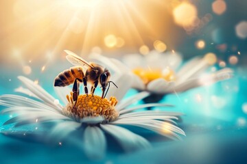 Bee Pollinating Daisy in Dreamy Summer Light - obrazy, fototapety, plakaty