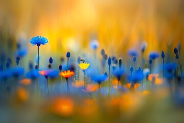 Wild Bee Hovering over Field of Blue and Orange Flowers - obrazy, fototapety, plakaty