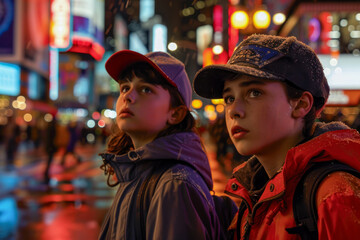 Two girls standing in a neon-lit street in the evening, looking anxiously upwards.
