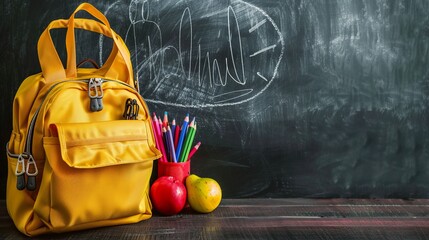 Colorful school backpack and accessories arranged on blackboard background - back to school supplies and essentials concept