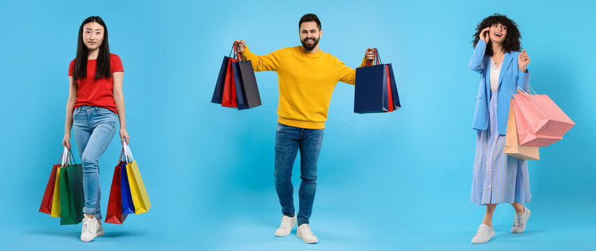 People with shopping bags on light blue background, set with photos