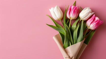Fototapeta premium Bouquet of White and Pink Tulip Flowers Wrapped in Aesthetic Craft Paper on Pink Background, Copy Space Concept. Flat Lay, View from Above