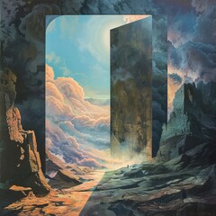Surreal artwork depicting a towering monolithic gateway opening to a serene sky, set amidst rugged cliffs and dramatic clouds