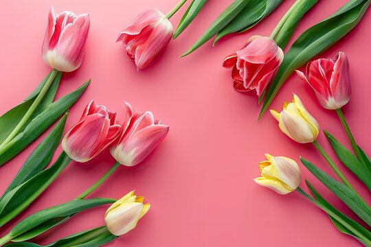 Beautiful Tulips on Pink Background with Copy Space, Top View. Perfect for Woman's Day Banner, Mother's Day, Greetings Card Background