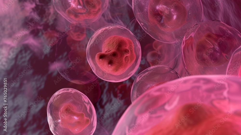 Poster a close-up depiction of cellular structures with a prominent central cell in focus, suggesting a mic