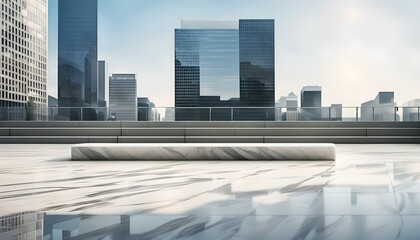 marble plaza and platform with a city in the background - obrazy, fototapety, plakaty