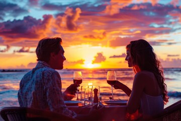 Couple in love drinking wine on romantic dinner at sunset on the beach. People love travel concept, Generative AI