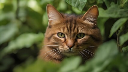 Close up of a cat peeking in the green leafs