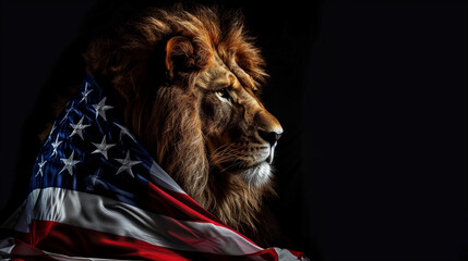 Lion wearing American flag. symbol of 4th July, Independence Day, american flag, memorial day, american democracy, usa patriotism, Ai generated image