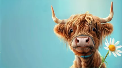 Foto op Plexiglas Happy highland cow with flower illustration © lastfurianec