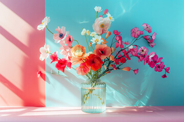 Trendy floral arrangement with transparent on a pastel background.