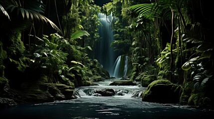 A lush tropical rainforest with a cascading waterfall