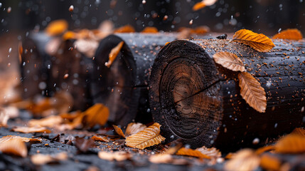 Autumn leaves on wet wooden logs with raindrops, shallow depth of field. - obrazy, fototapety, plakaty