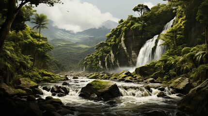 Naklejka na ściany i meble A lush tropical rainforest with a cascading waterfall