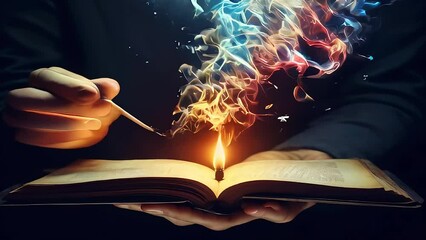 hand holding an open book with an animated effect of colorful flames burning. Suitable for videos of education, learning, school, happy world book day etc. - Powered by Adobe