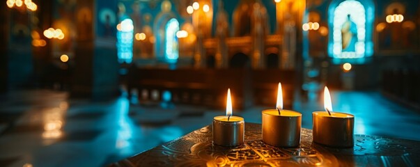 Candles in the interior of an Orthodox church blue and gold tones cinematic light Generative AI