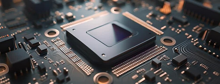PU chip on circuit board. Black motherboard with central processor chip. Computer hardware tecnology 4K Video