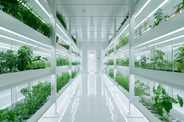 Obraz premium Levels with growing plants on a vertical farm. Vertical farming and agriculture concept. Industrial design view for poster, banner, presentation, ad