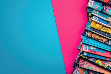 Bright pink and blue background banner with stacked comic books - obrazy, fototapety, plakaty
