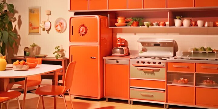Seventies kitchen, dining, home appliances type of graphic design. 4K Video